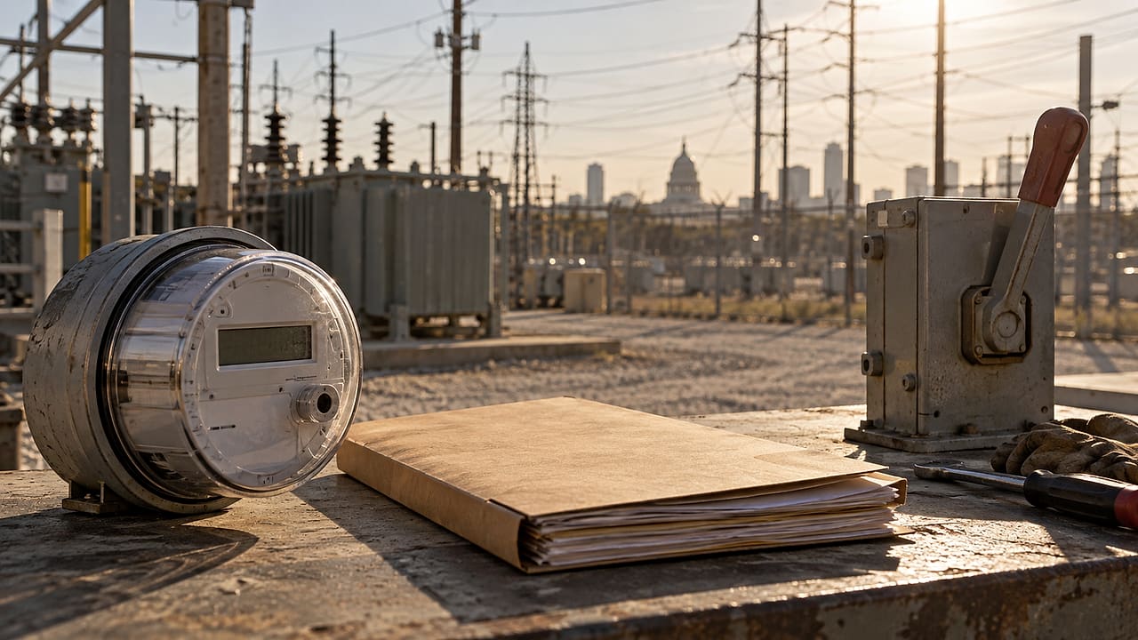 A municipal electric meter and utility ledger sit beneath power lines on a hot Texas afternoon.