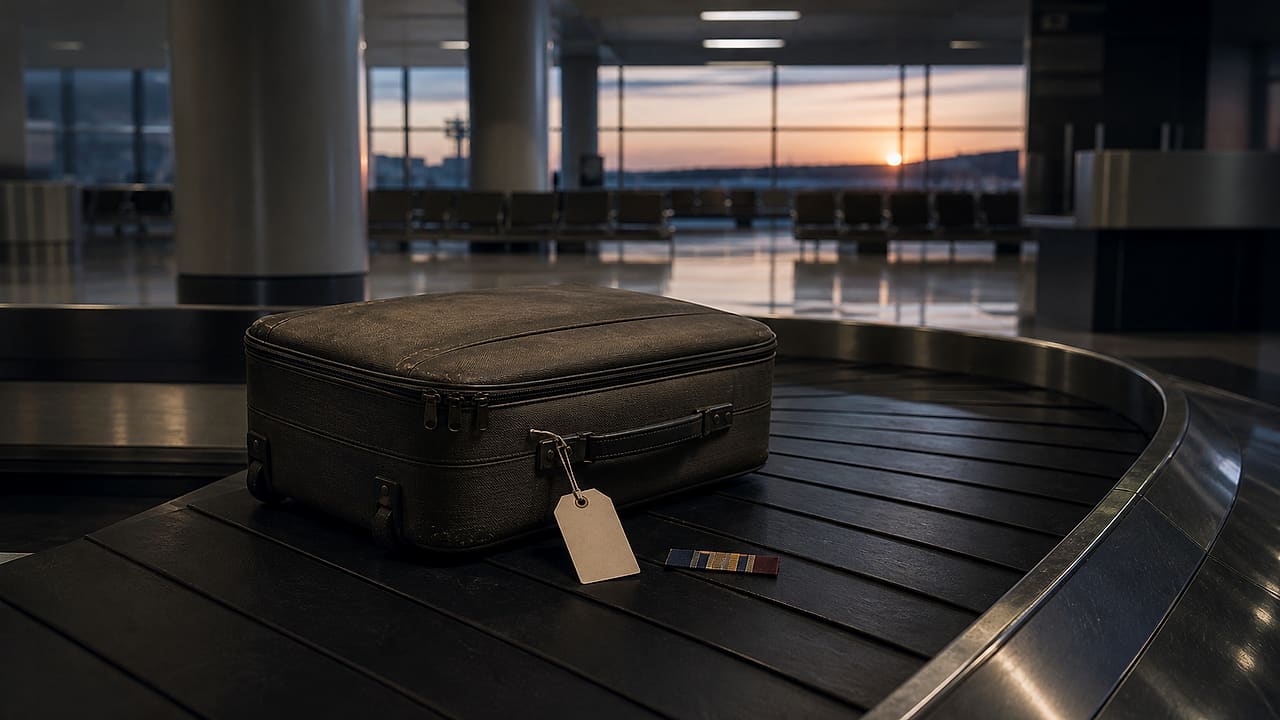A military service ribbon rests beside a plain suitcase and blank one-way baggage tag on an empty airport conveyor.