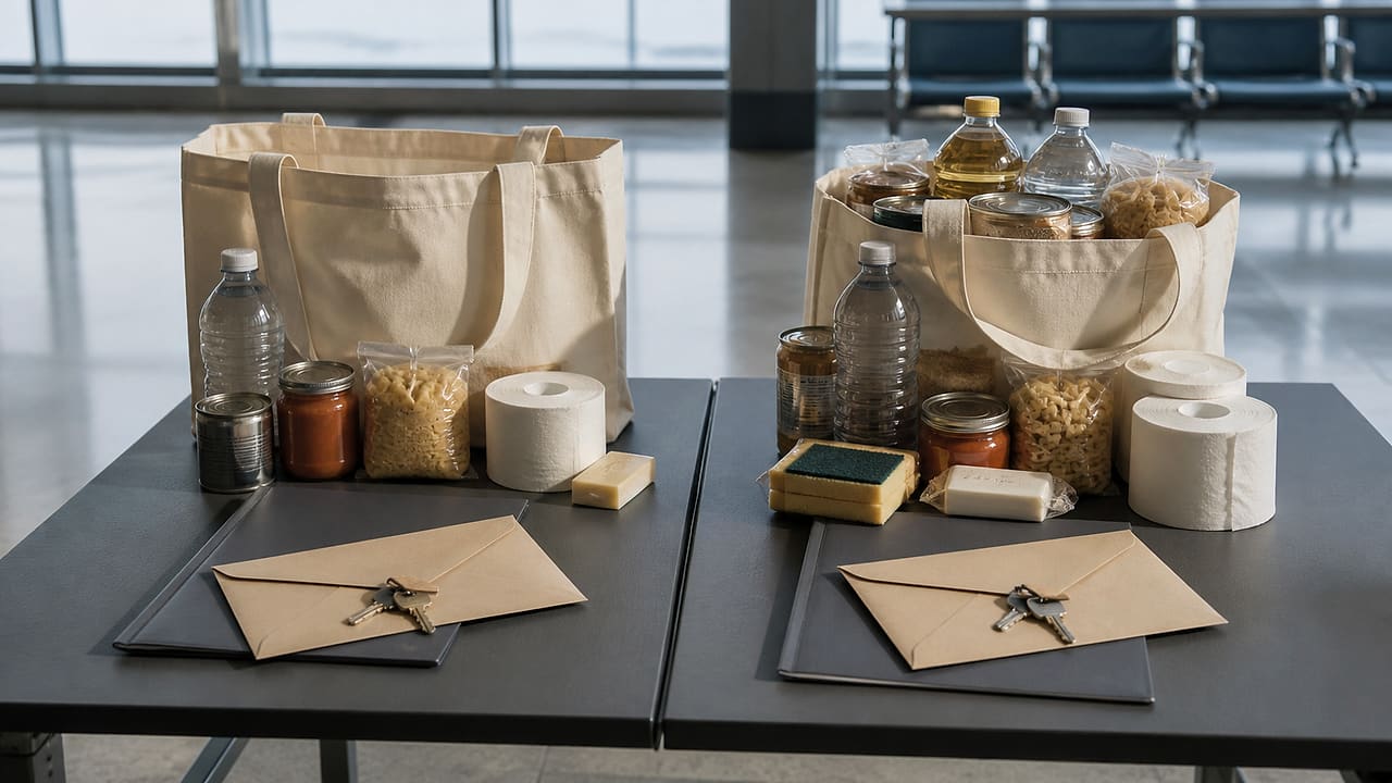 Two identical welcome kits sit at an airport processing table, one nearly twice as full as the other, beside blank travel folders.