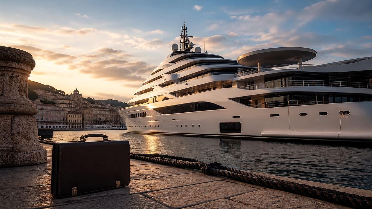 An anonymous white megayacht sits in an Italian harbor beside a diplomatic briefcase on the empty dock.