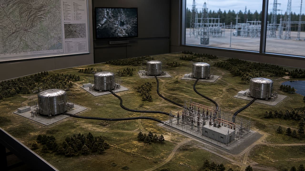 Five compact reactor models sit on a military planning table, each connected by a cable to a conventional utility substation model.