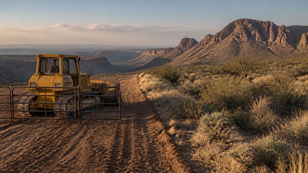 An empty bulldozer stands behind a temporary barrier where fresh tire tracks stop at the edge of an untouched desert canyon.