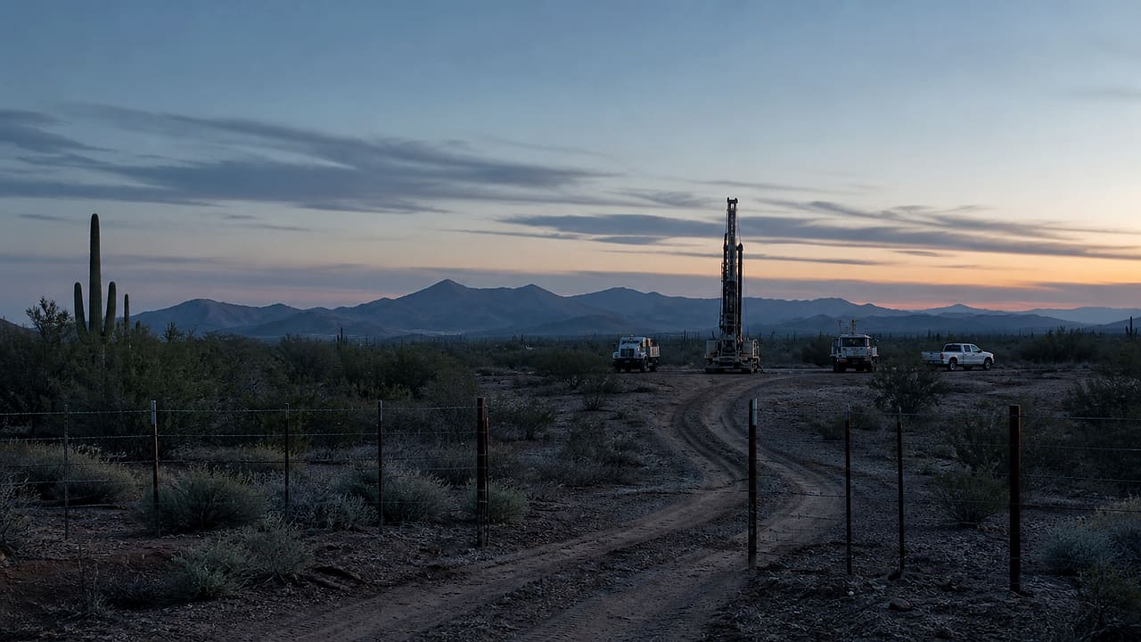 A drilling rig and unmarked work trucks stand beyond a simple boundary fence in the Arizona desert before sunrise.