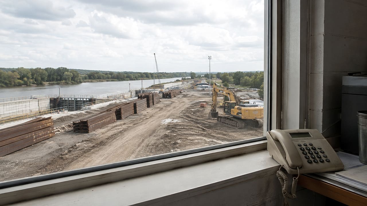 A telephone on a site-office windowsill overlooks an empty river-lock construction site with an excavator and stacked steel barriers.