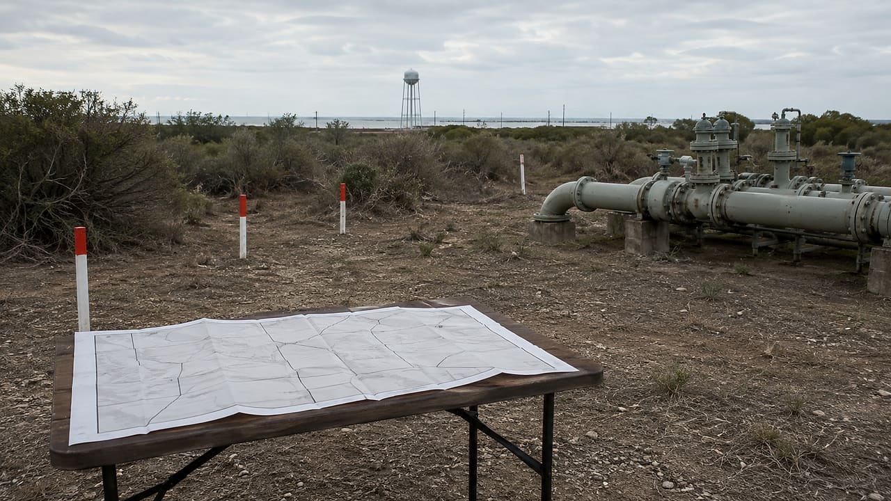 Survey stakes, industrial water pipes and an unlabeled parcel map stand against South Texas coastal scrubland.