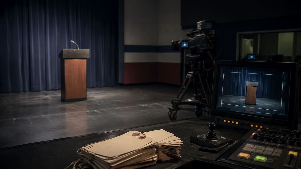 An empty television studio holds a blank campaign podium beyond stacks of sealed advertising packets and a broadcast control desk.