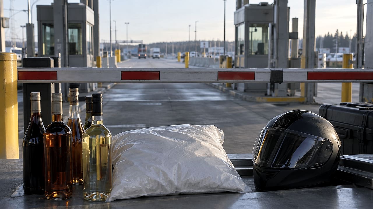 Unmarked bottles, a plain sack of whey powder and a motorcycle helmet sit behind a closed customs inspection gate.