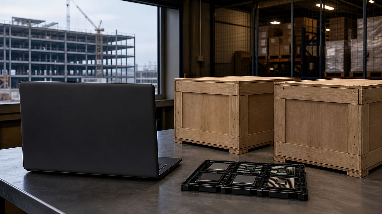 A blank laptop and loose semiconductor chips wait on a customs inspection table beside unopened shipping crates.