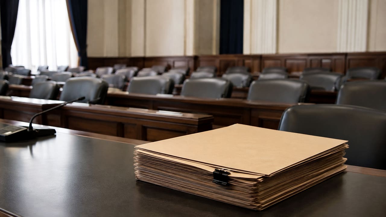 A stack of unmarked budget folders held by a binder clip rests in an empty congressional-style committee room.