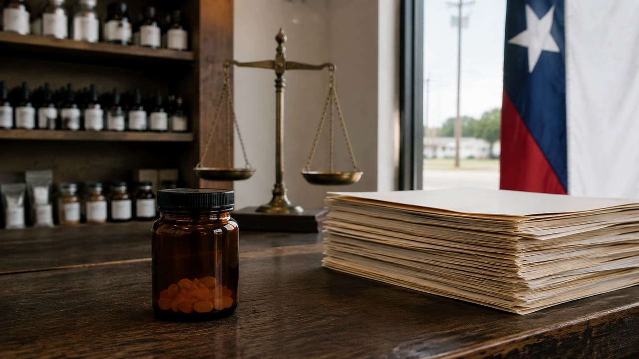 An unmarked gummy jar sits beside a stack of regulatory folders and a brass balance scale in an anonymous Texas shop.