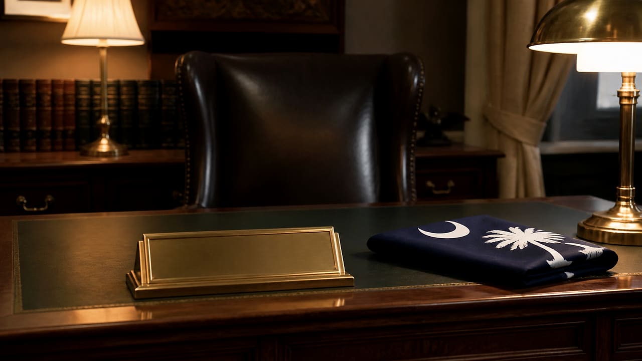 An empty Senate-style desk holds a blank brass nameplate beside a neatly folded South Carolina state flag.