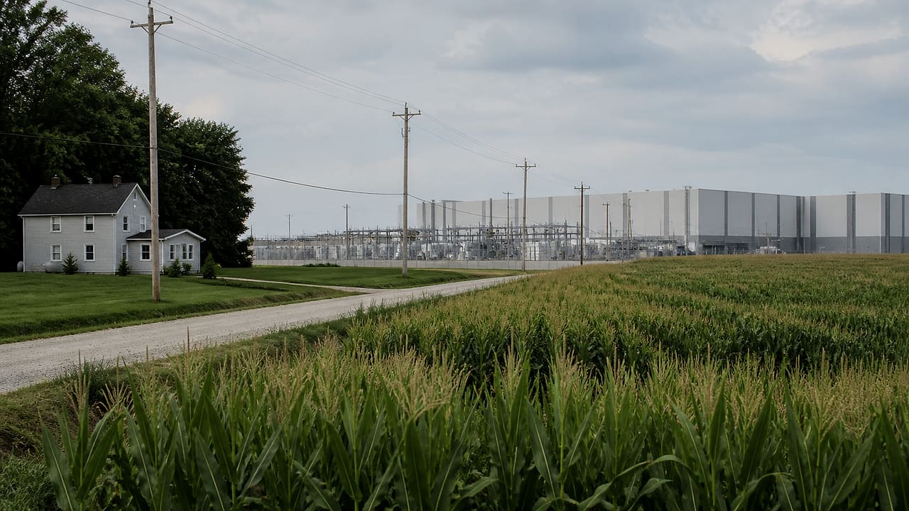 A windowless data center stands beyond a rural cornfield, separated from a farmhouse by utility poles and a gravel road.