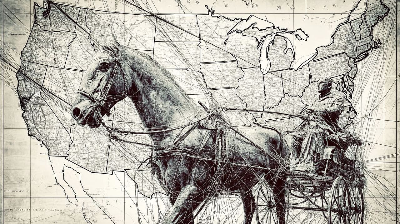 A giant fishing dragnet hauled up over a map of America with a bronze founding-father statue and a horse-drawn buggy tangled inside.