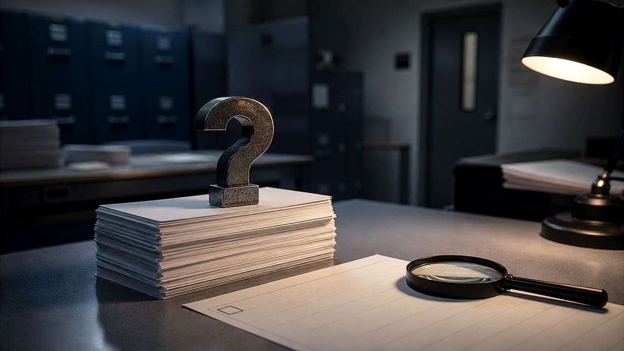 A stack of blank voter files sits beneath a large question-mark-shaped paperweight beside an unchecked citizenship box.