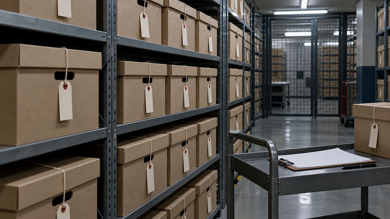 Sealed election record boxes sit beneath an unused evidence tag in a government archive room.