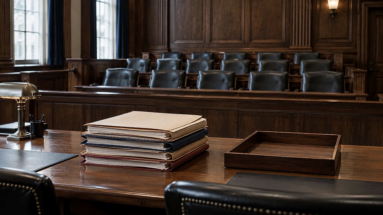 Closed federal case folders face twelve empty jury chairs beneath courthouse lights.