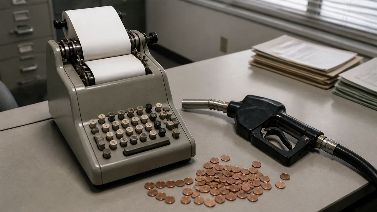 A blank adding machine, fuel nozzle, and scattered copper tokens sit on an unattended accounting desk.