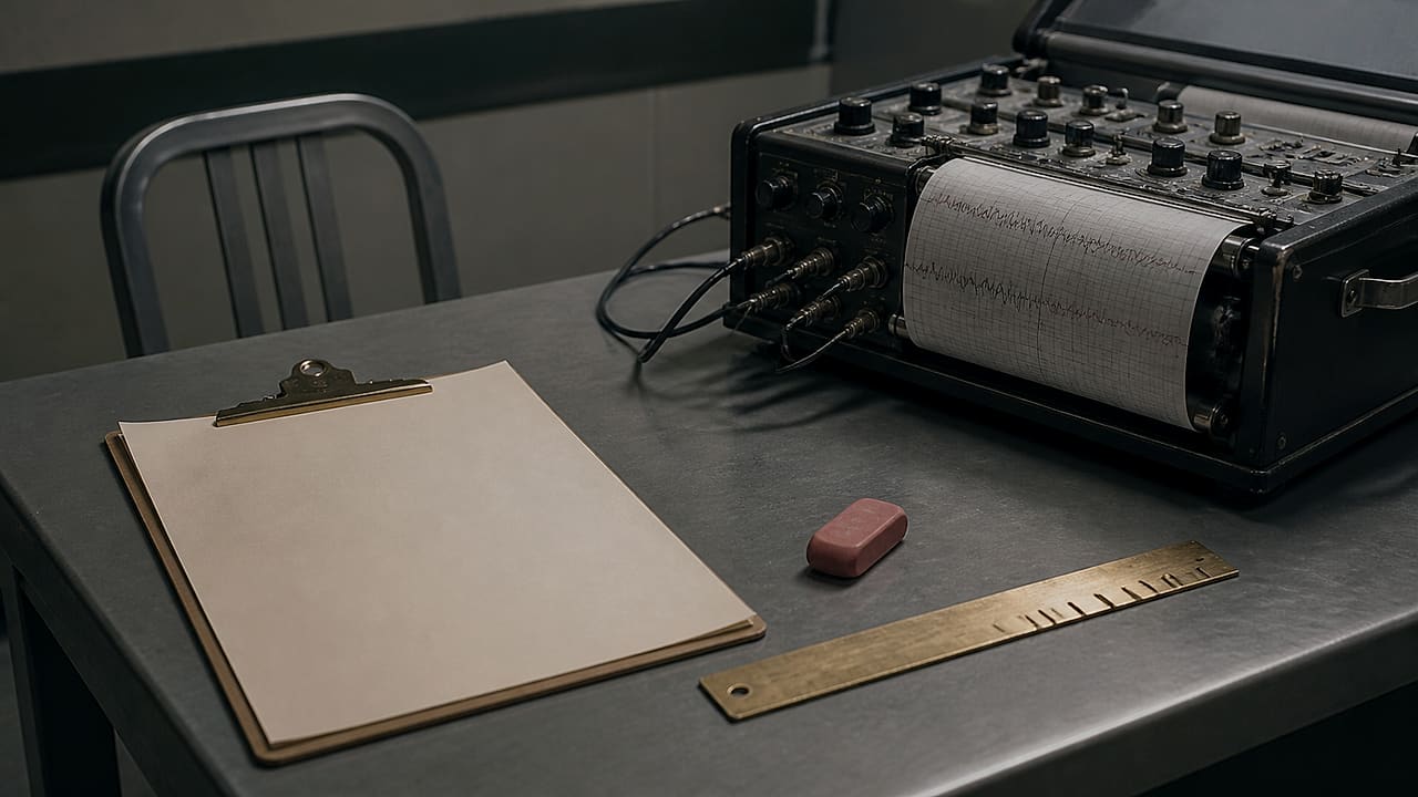 A blank federal job application rests beside a polygraph instrument, an eraser and a brass ruler with several threshold marks.