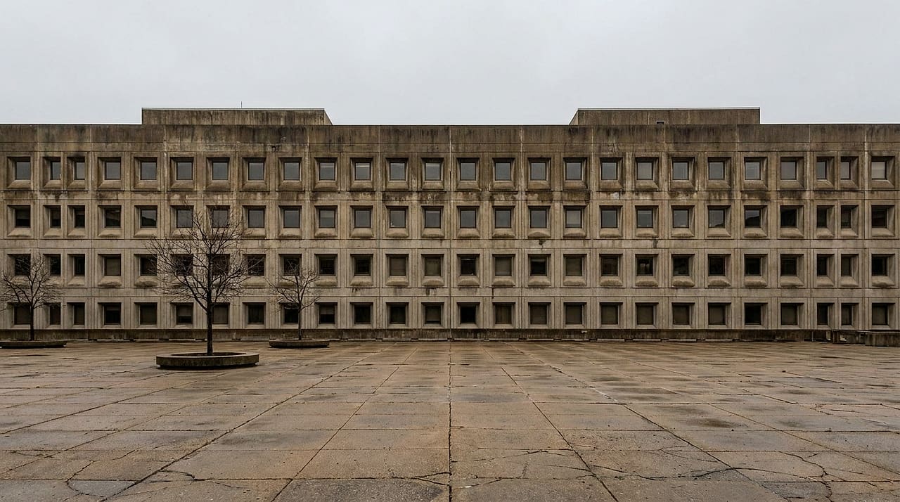 A symmetrical aging brutalist concrete government office building fronts a large, empty, cracked plaza under an overcast sky.