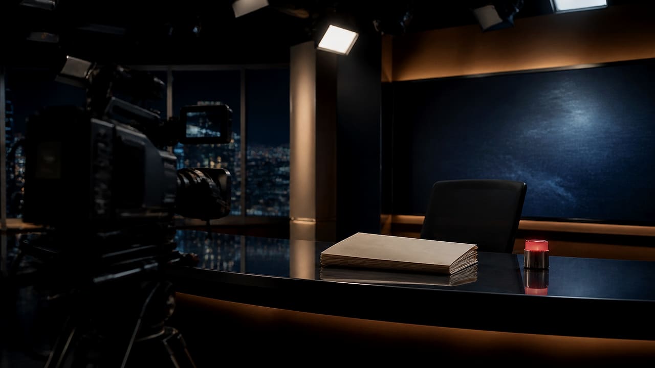 An empty television anchor desk faces a studio camera beside an official-looking blank complaint folder.
