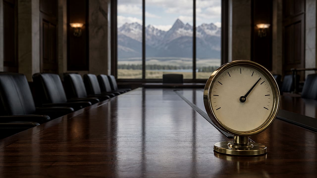 An empty central-bank conference table sits beneath a brass rate gauge whose needle points upward, with mountain light entering the room.