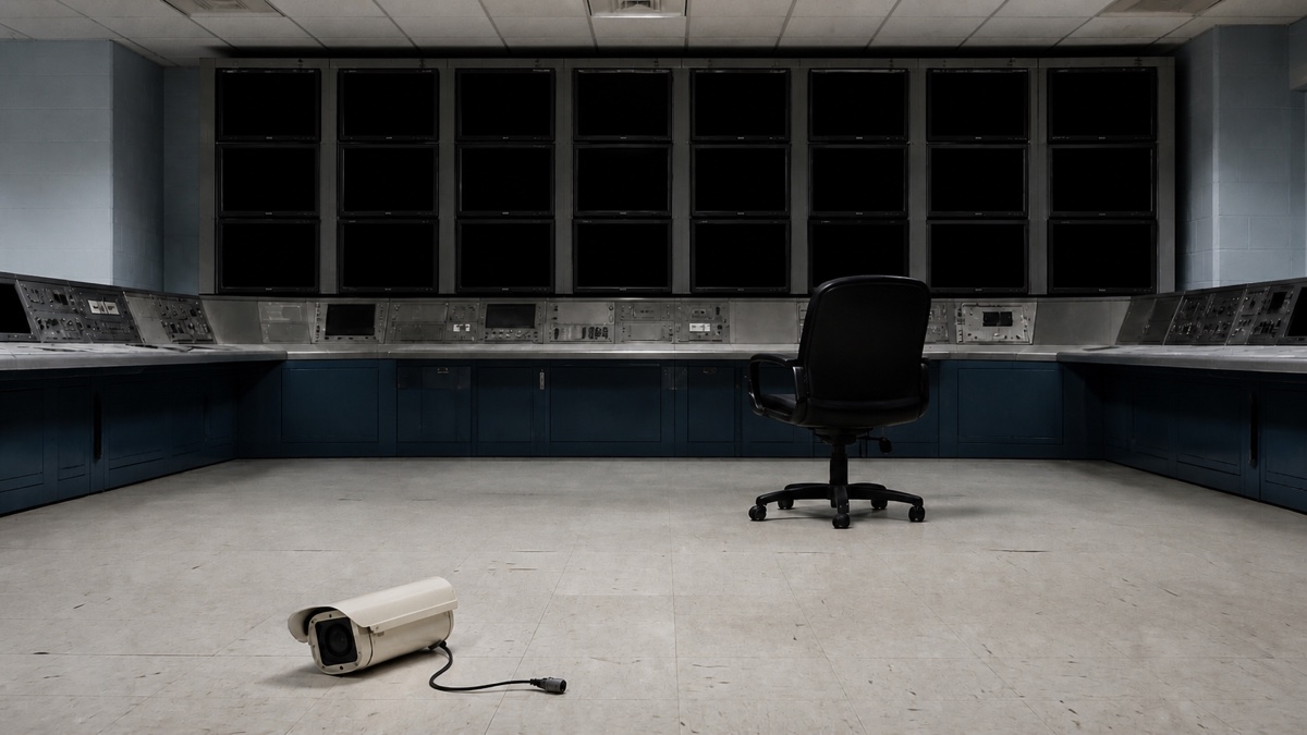 An abandoned government security control room, a wall of switched-off surveillance monitors and a single unplugged camera on the floor.