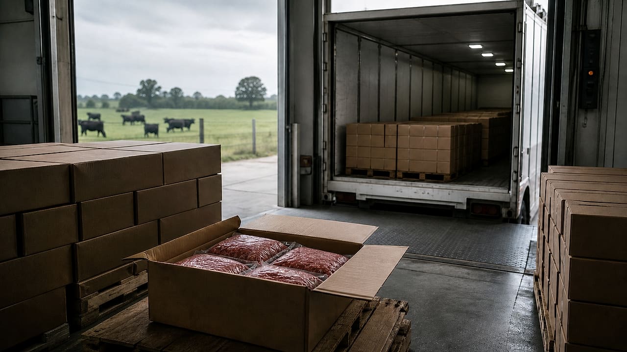 Plain cartons of packaged ground beef sit in a warehouse beside an open refrigerated truck, with cattle grazing beyond the loading bay.