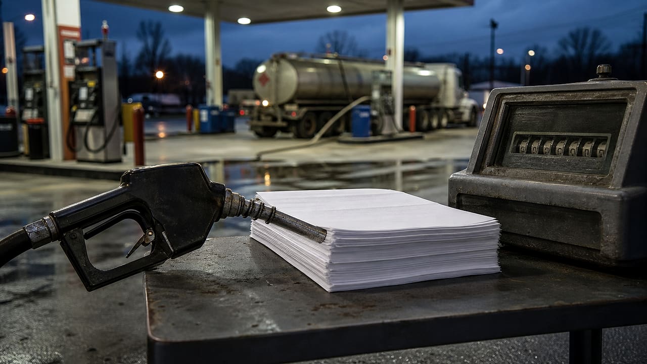 A fuel nozzle, a stack of blank invoices, and an old mechanical counter sit before an anonymous gas station and tanker at dusk.