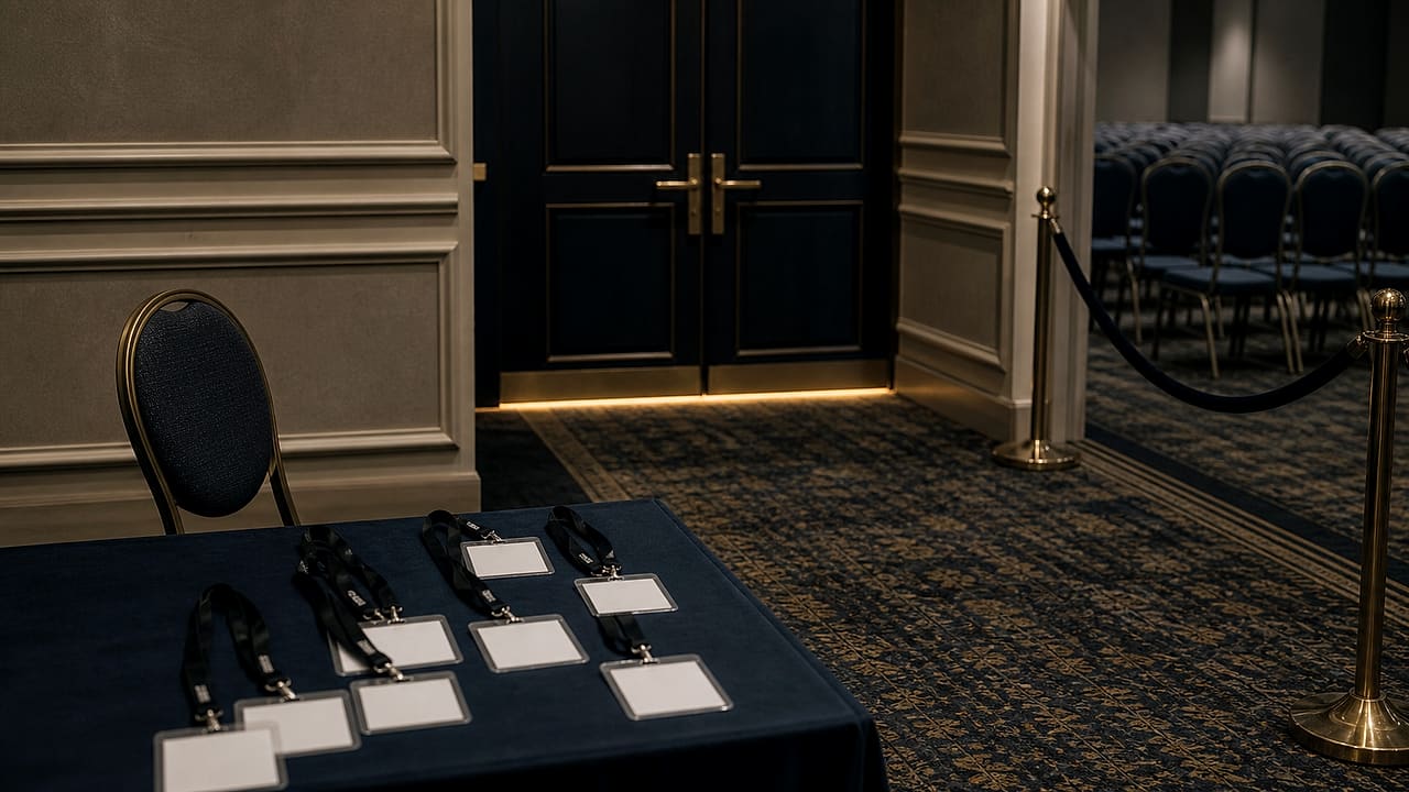 An empty press chair sits outside velvet ropes facing a closed conference-room door, with blank credential cards on a registration table.