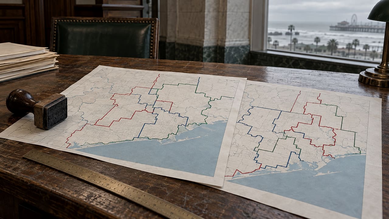 Two overlapping blank precinct maps lie beside a court stamp on a county clerk’s table.