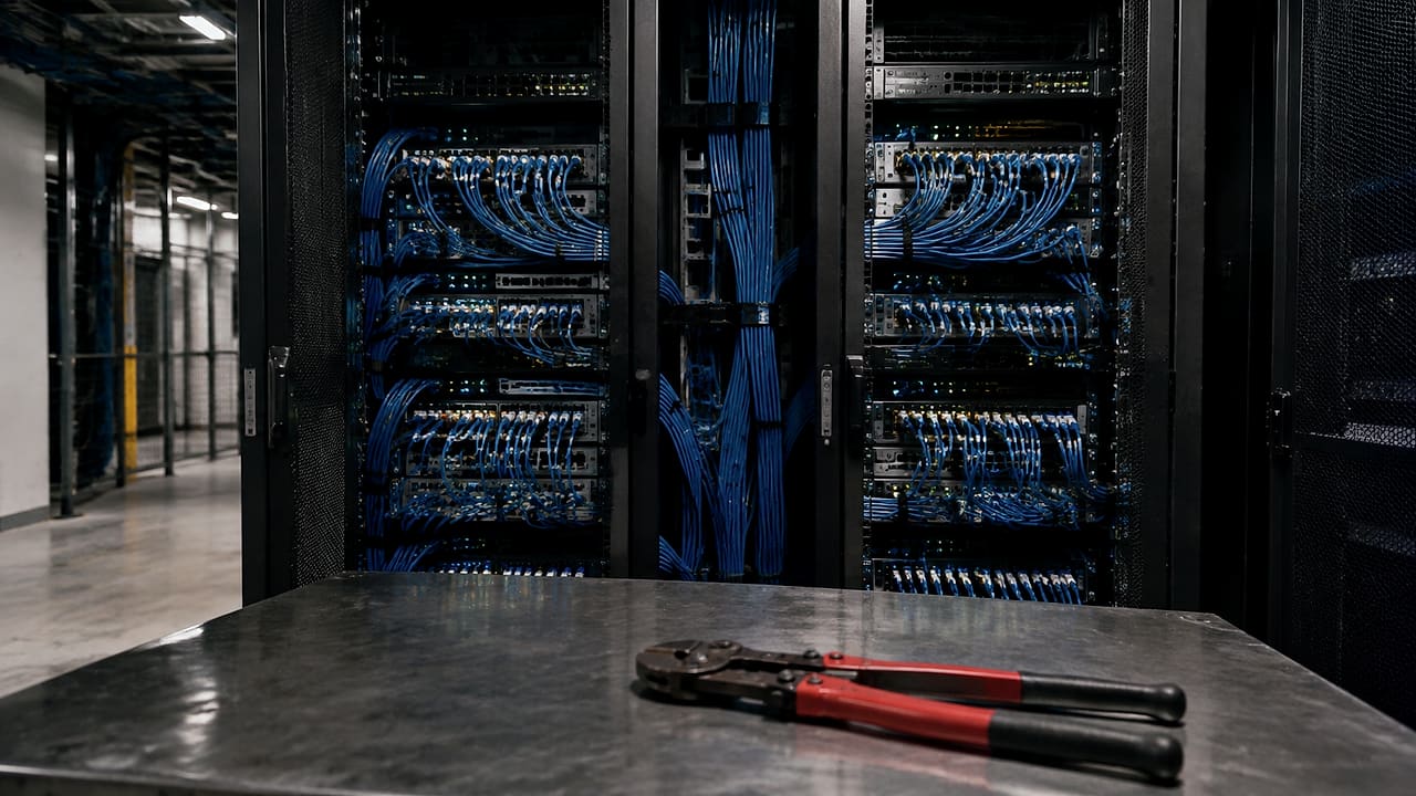 Two connected server racks stand behind unused cable cutters resting on a data-center workbench.
