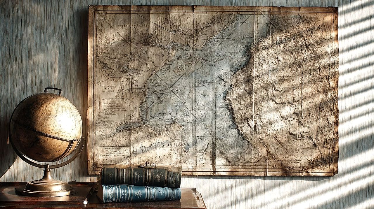 A weathered antique nautical wall map of a gulf coastline in a government office, a brass nameplate mounted over the old label.