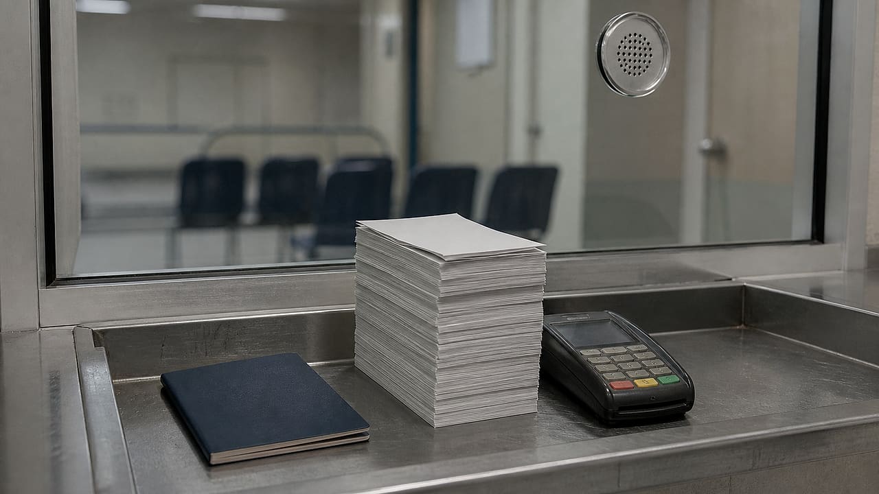 A blank navy passport booklet, a tall stack of paperwork, and a payment terminal sit at an empty government service window.