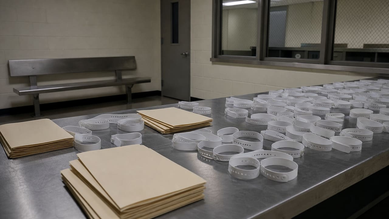 Rows of blank intake wristbands and empty file folders cover an institutional booking desk beside an unused bench.