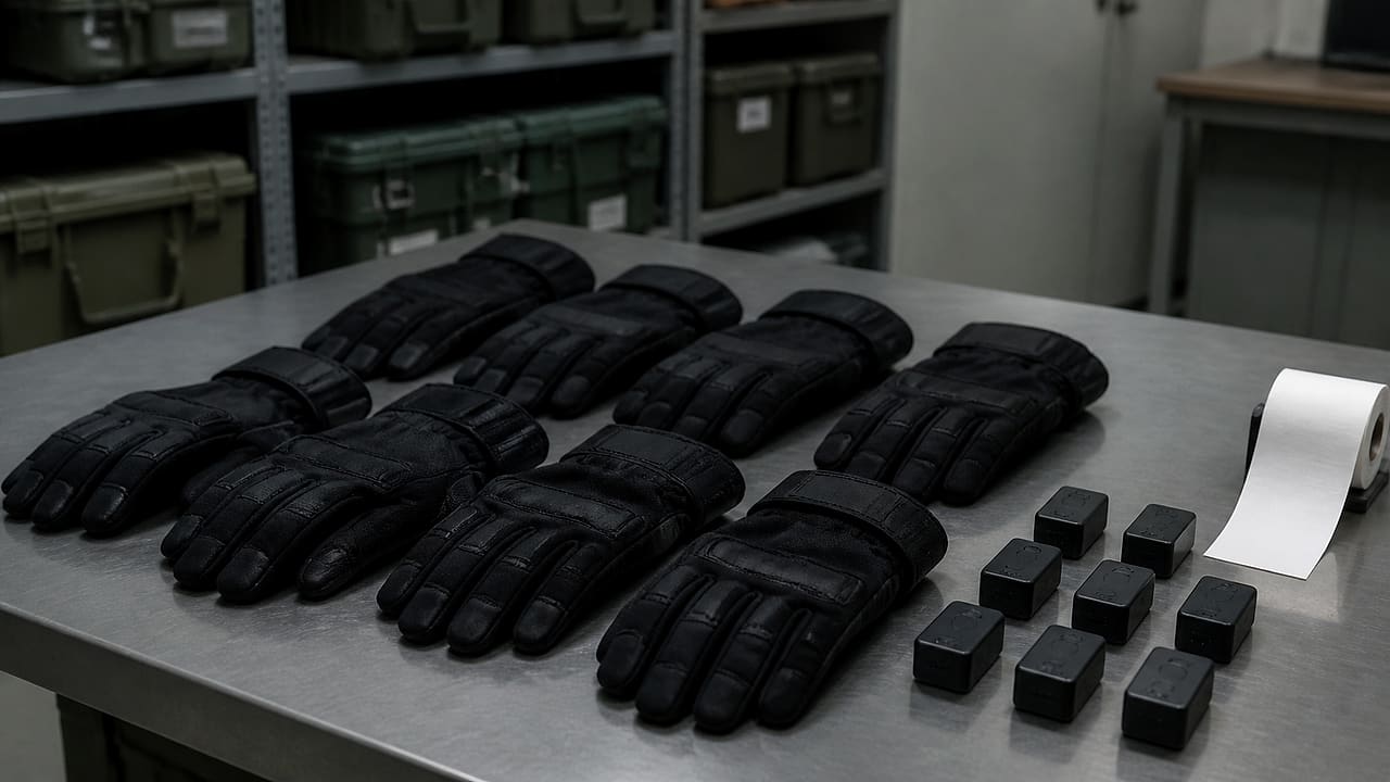 Rows of black tactical gloves and disconnected battery modules rest on an institutional procurement table beside a blank paper roll.