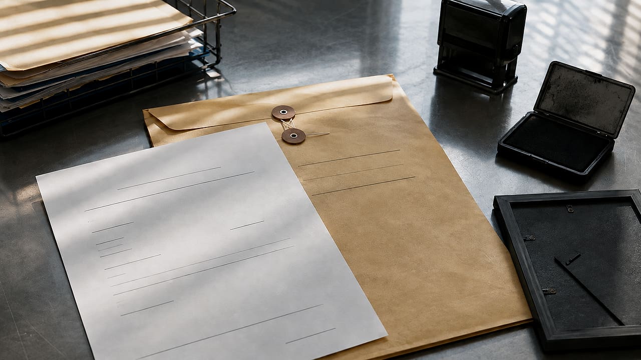 A blank federal job offer rests on top of an unopened background-check folder beside an unused fingerprint pad.