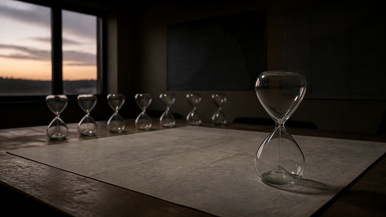 A row of drained hourglasses stands beside a newly turned glass and a blank operations map in an empty planning room.
