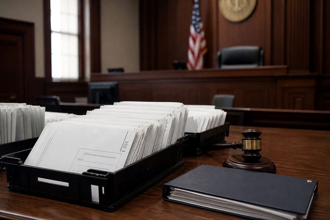 Trays of sealed mail ballots beside a gavel and legal binder in a federal courtroom.