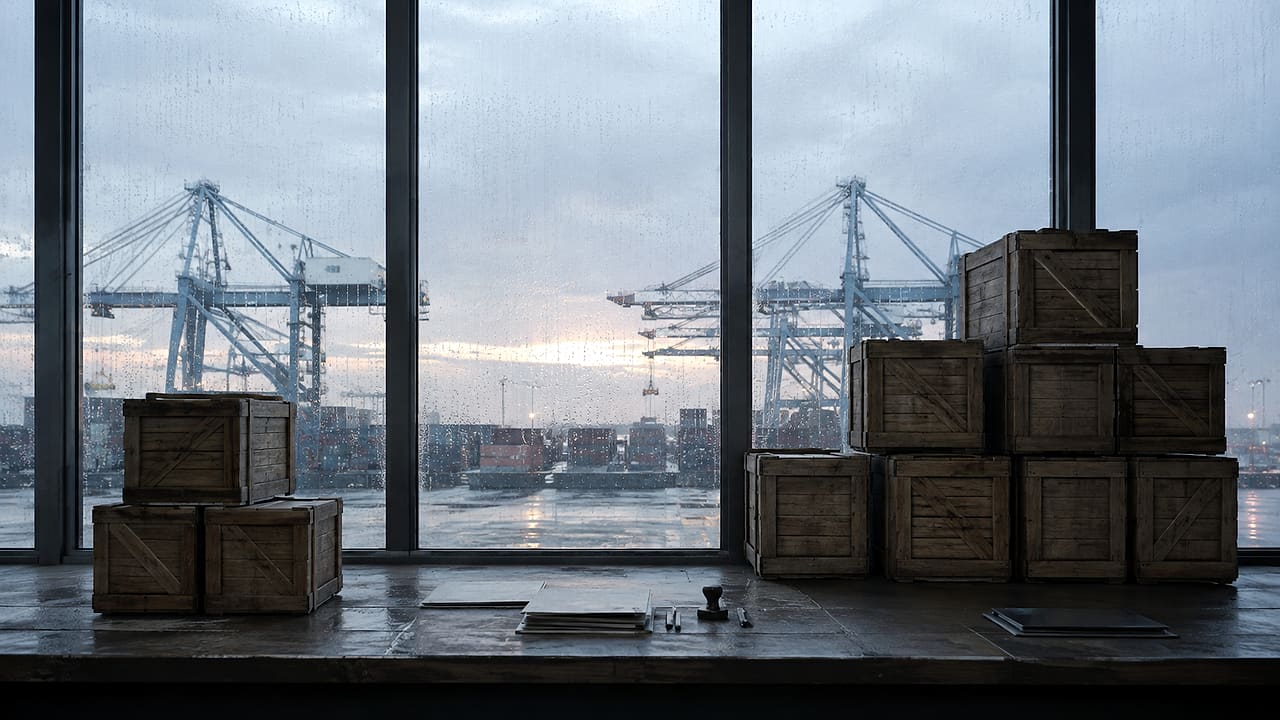 Plain import and export crates sit on a customs worktable overlooking container cranes through a rain-streaked window.