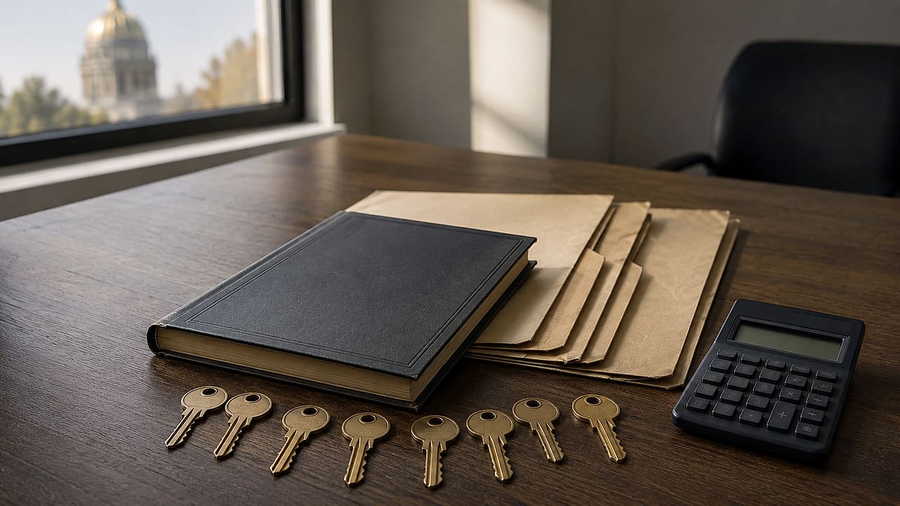 A row of brass house keys lies beside a blank ledger, plain mortgage folders and an unmarked calculator on an office table.