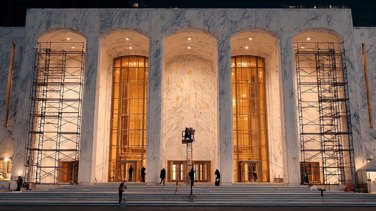 A grand marble performing-arts center at dusk as a lift crew installs large blank golden letters on its facade.