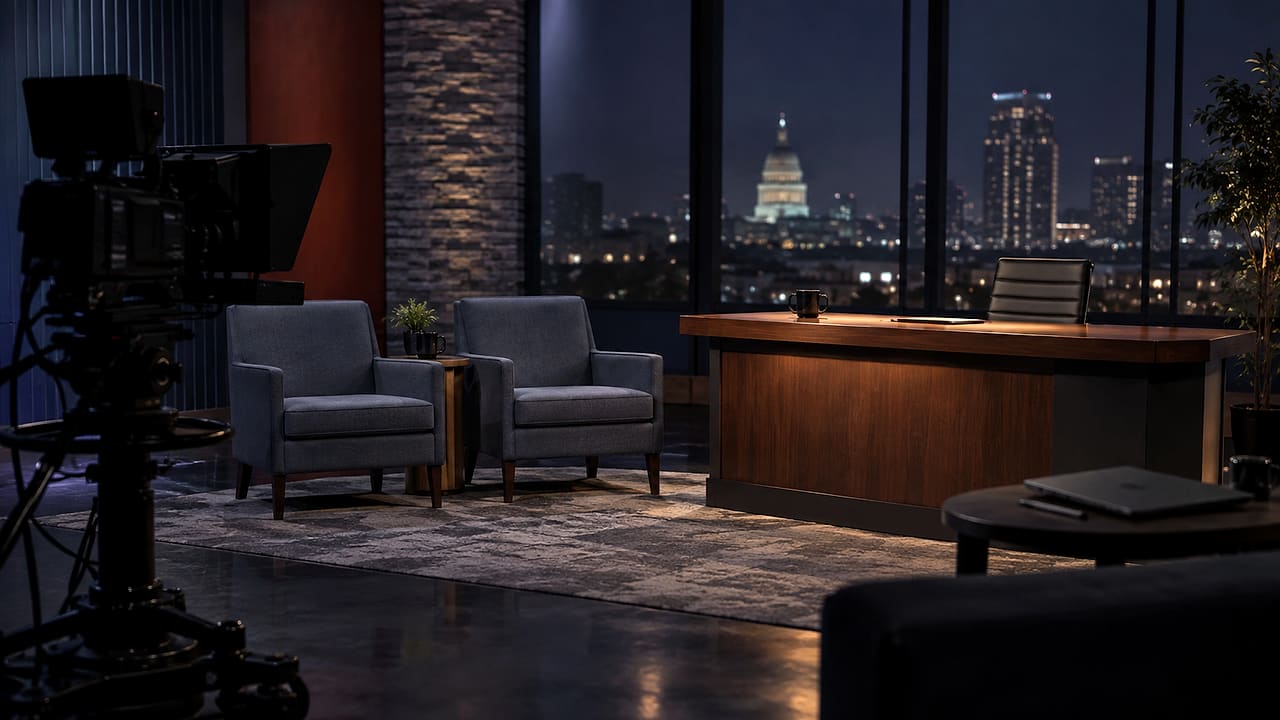 An empty television interview set faces a dark broadcast camera beside a closed laptop.