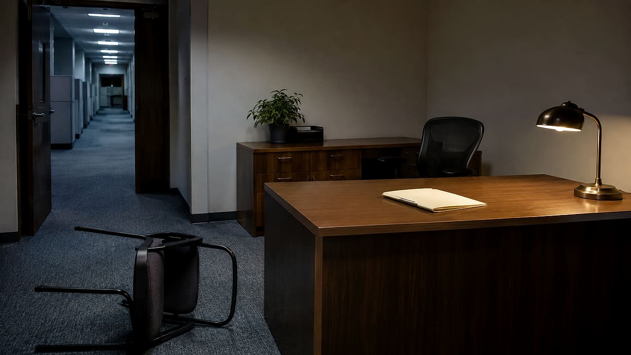 An overturned visitor chair faces a neat desk and blank personnel folder in an empty government office after hours.