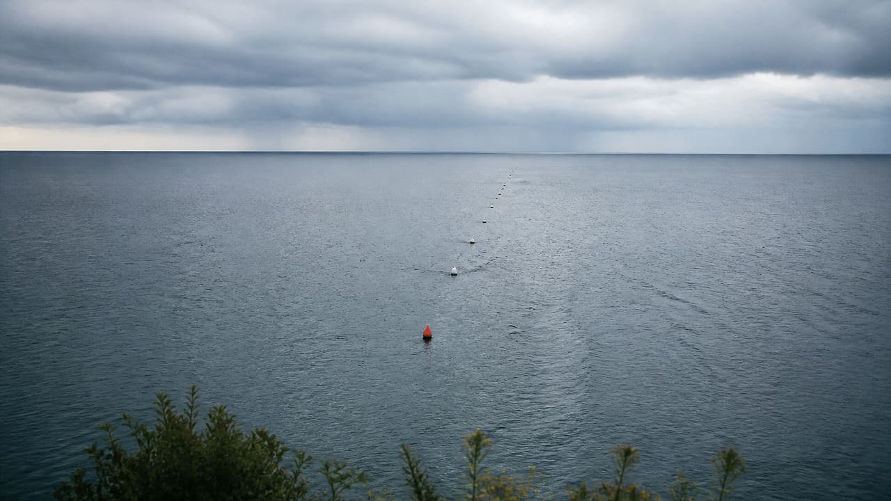 A line of small navigation buoys runs across a cold blue lake toward the horizon beneath an overcast sky.
