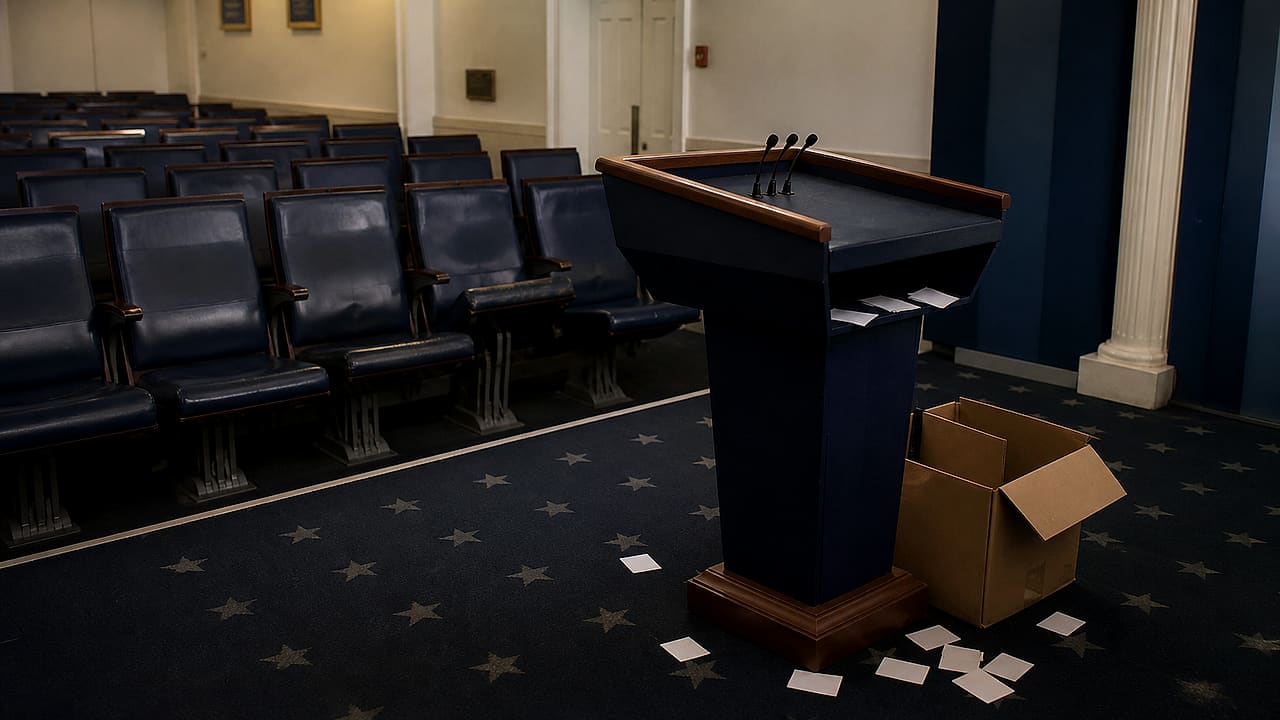 An empty government briefing lectern faces rows of vacant press chairs beside a small moving box and scattered blank cards.