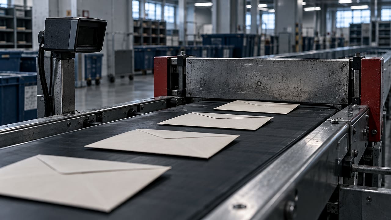 Plain ballot envelopes move through an empty postal sorting station beside an inactive barcode scanner.