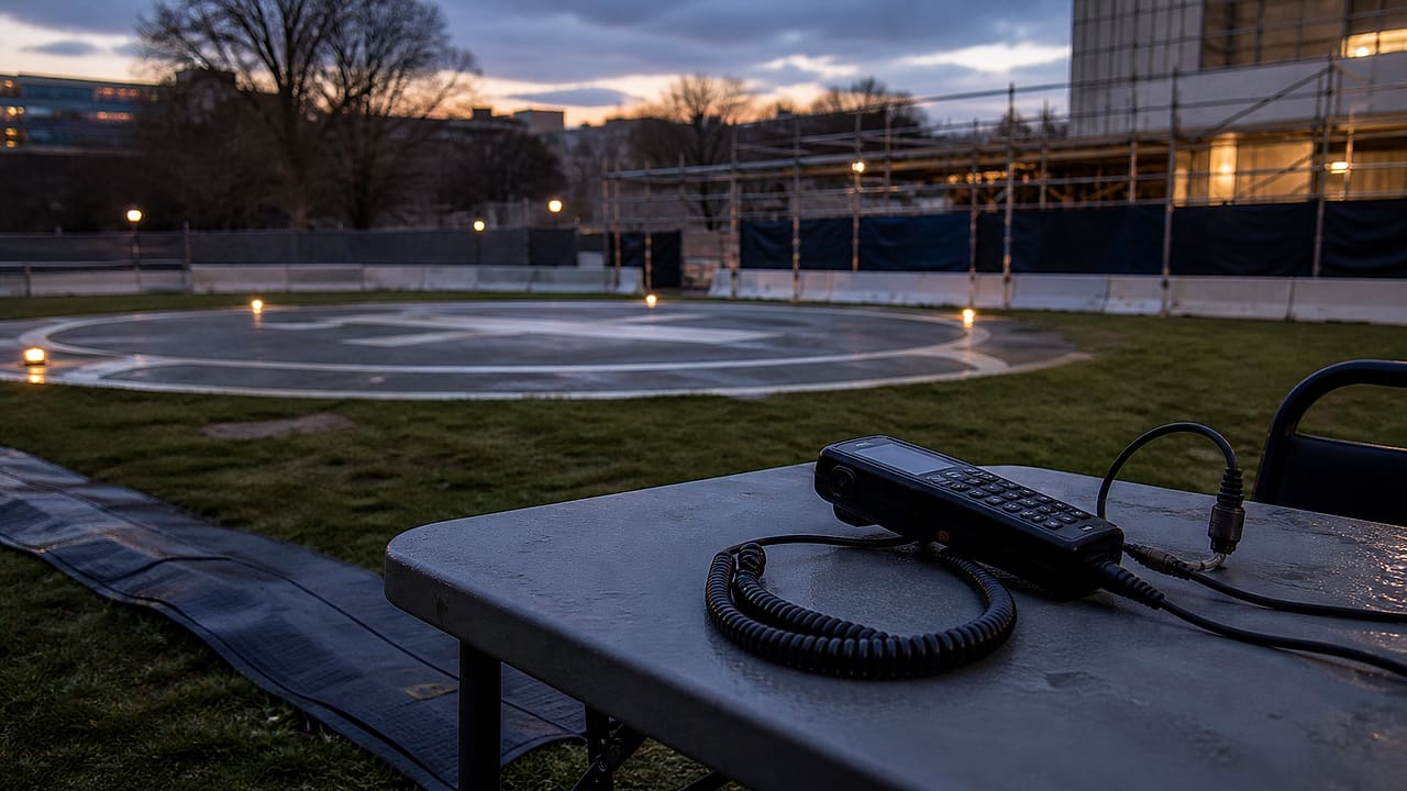 An empty temporary helipad sits behind construction barriers beside a radio handset with a dark display.
