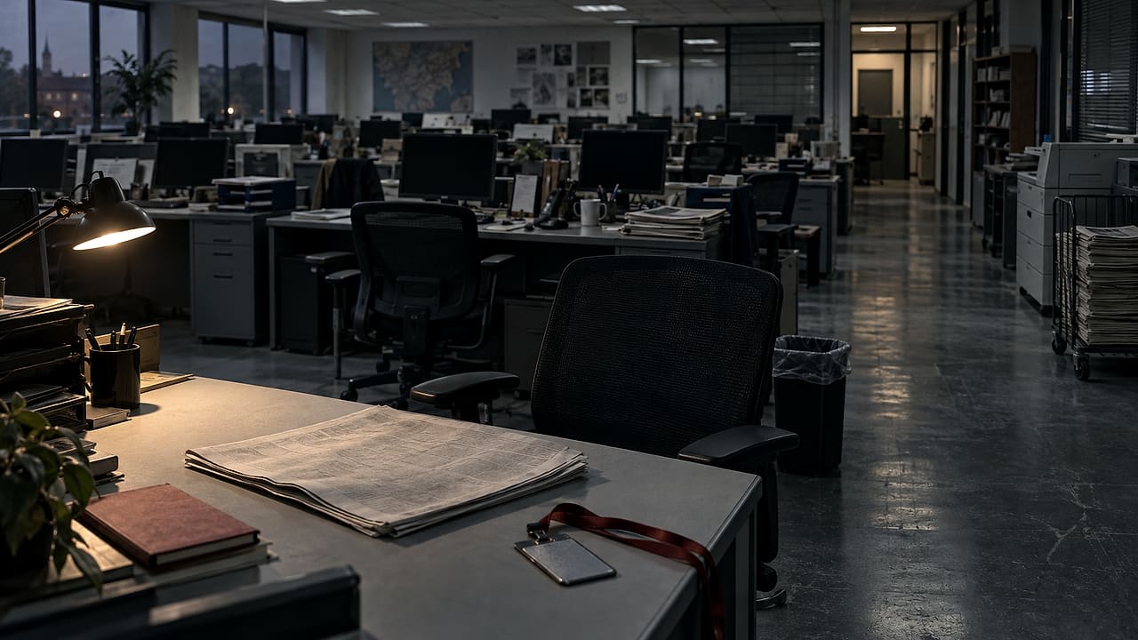 Empty newsroom desks surround an abandoned local newspaper and a row of dark computer monitors.