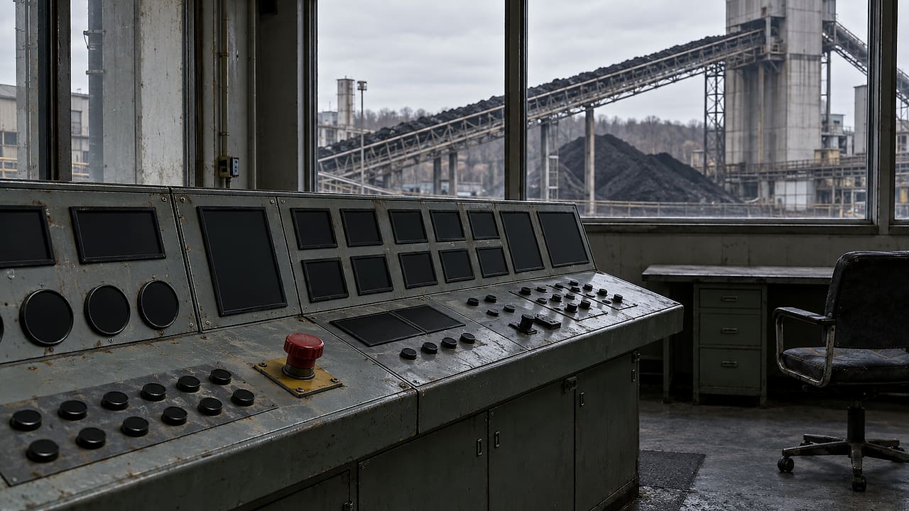 A silent coal-plant control room holds an emergency switch beneath inactive indicator lights.