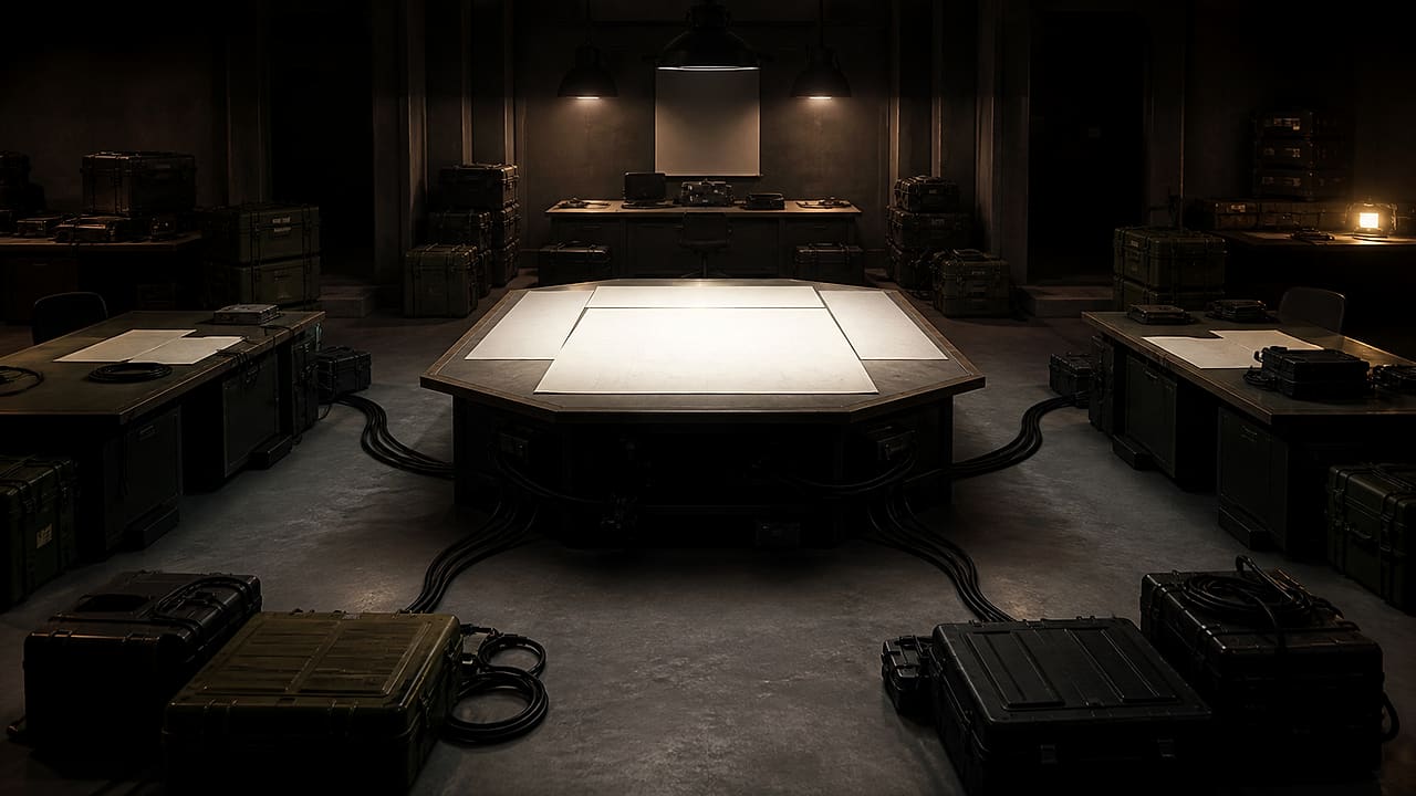 Empty command desks and equipment cases converge on a glowing operations table in a dark military planning room.